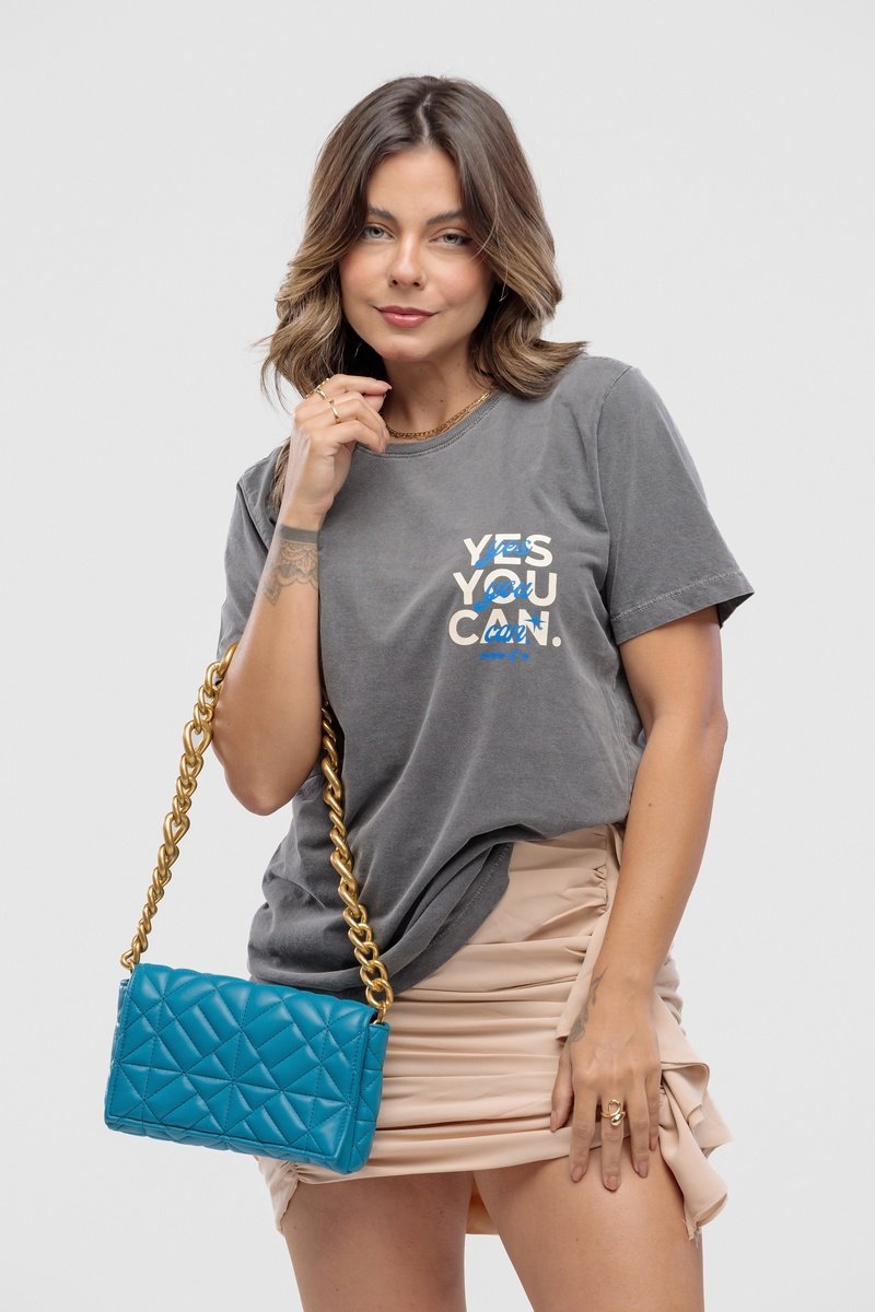 Camiseta Feminina Estonada Algodão Premium Yes You Can Chumbo