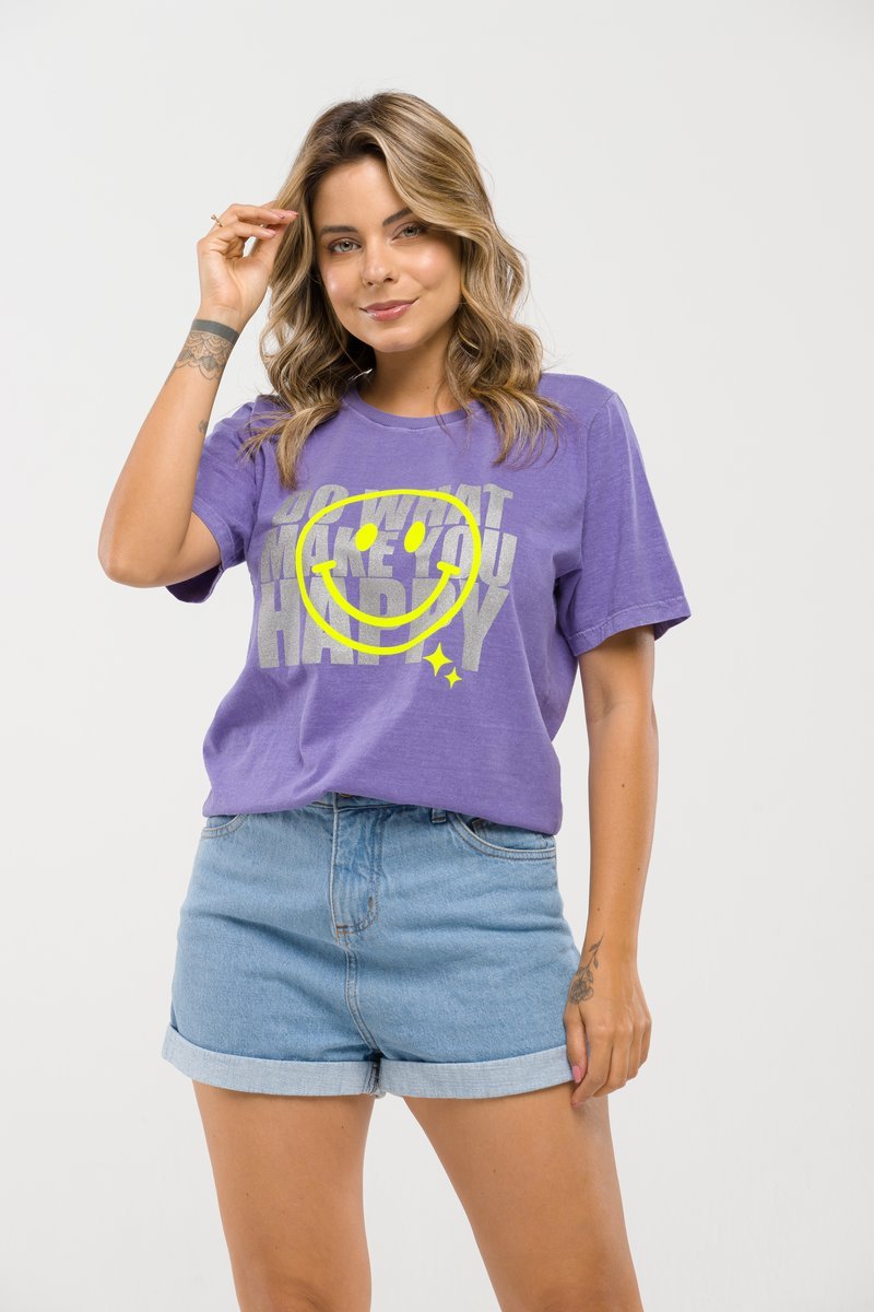 Camiseta Feminina Estonada Algodão Premium Do What Make You Happy Roxo