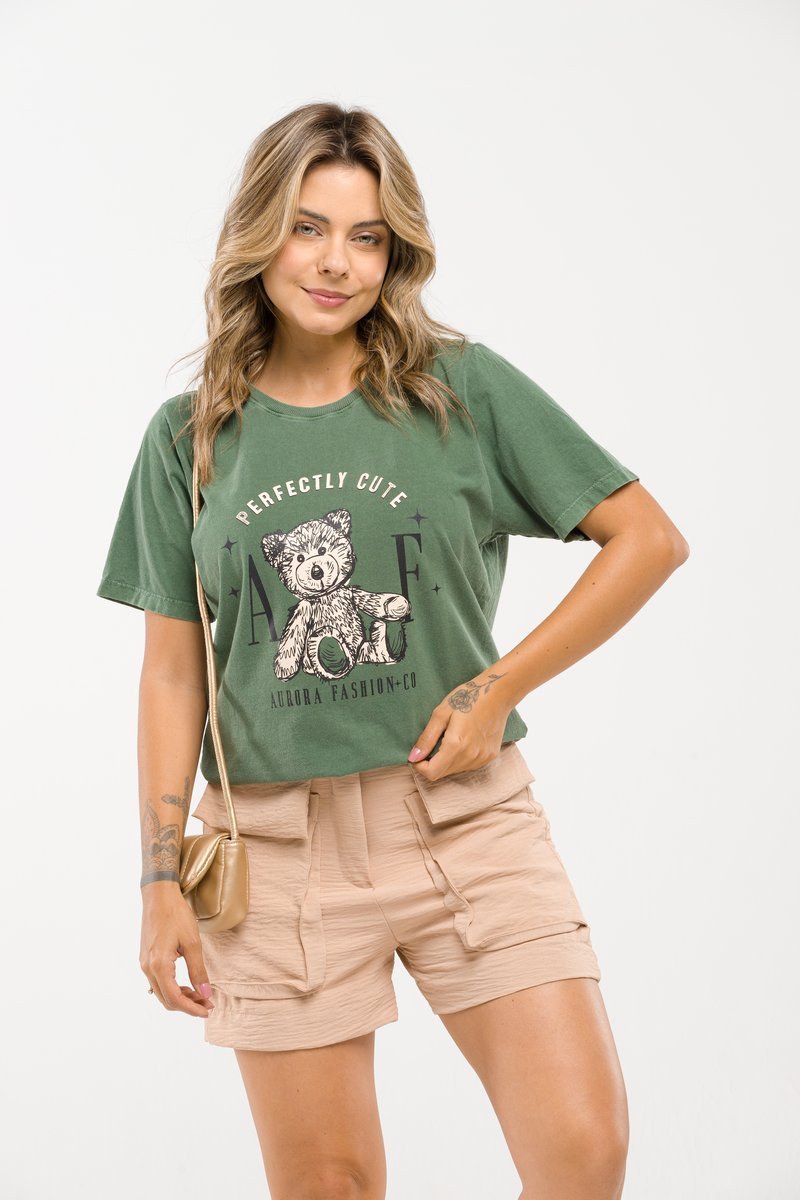 Camiseta Feminina Estonada Algodão Premium Perfectly Cute Verde Militar
