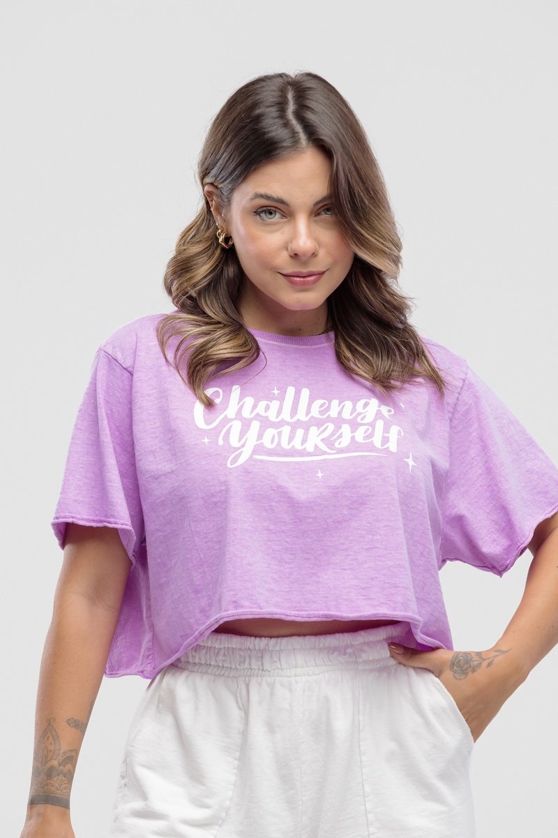 T-shirt Estonada Cropped Challenge Yourself Roxo Neon