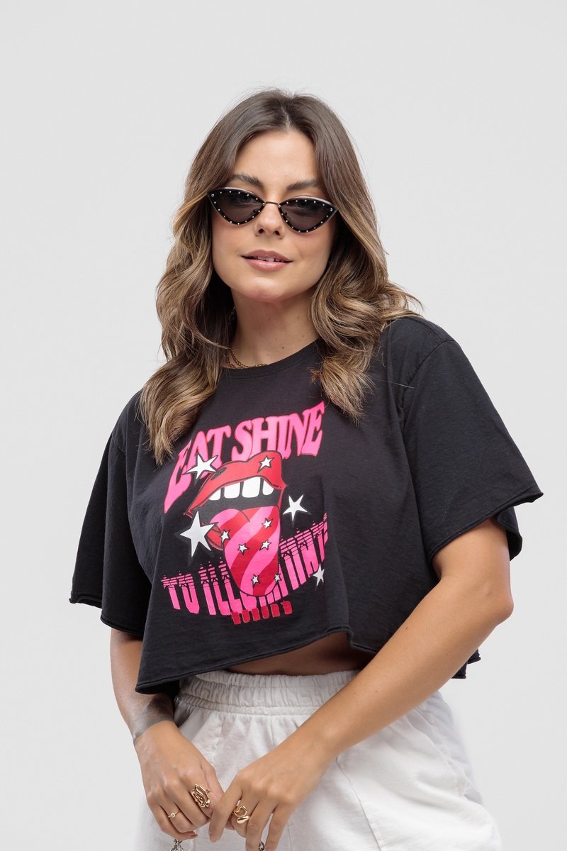 T-shirt Estonada Cropped Eat Shine Preto