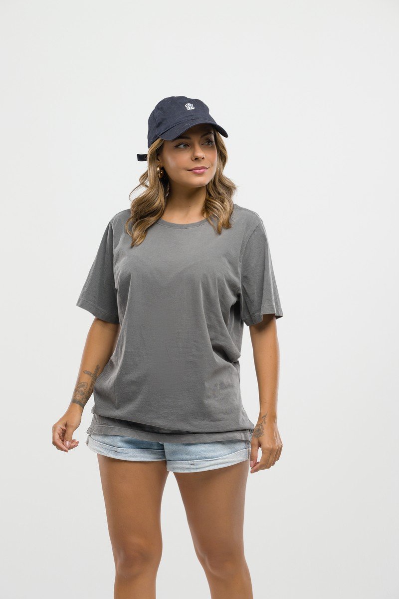 Camiseta Feminina Estonada Algodão Premium Básicas Chumbo