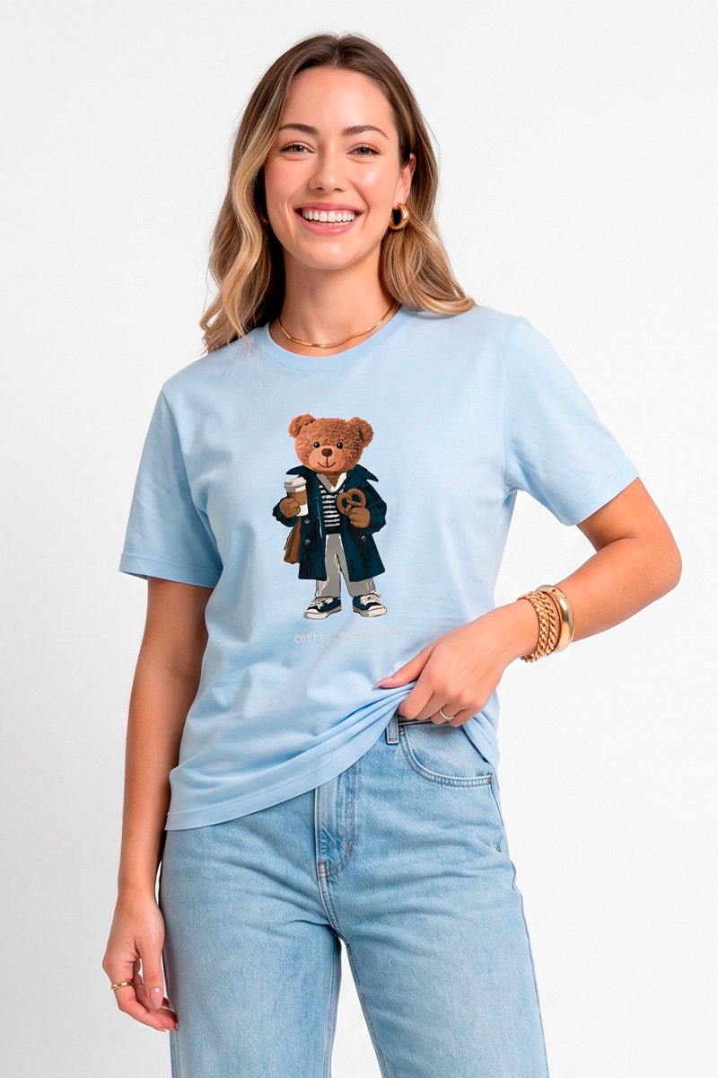 T-shirt Feminina Azul Claro Urso Coffee