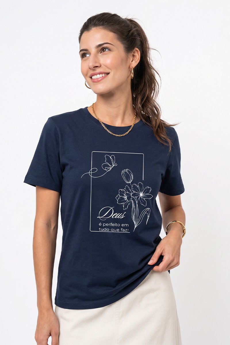 T-shirt Feminina Azul Marinho Deus é Perfeito