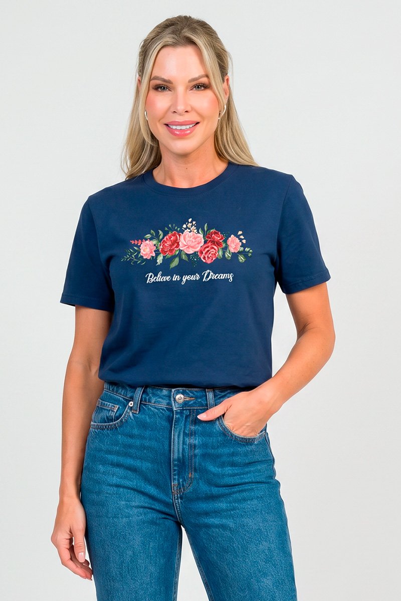 T-shirt Feminina Azul Marinho Flores Believe