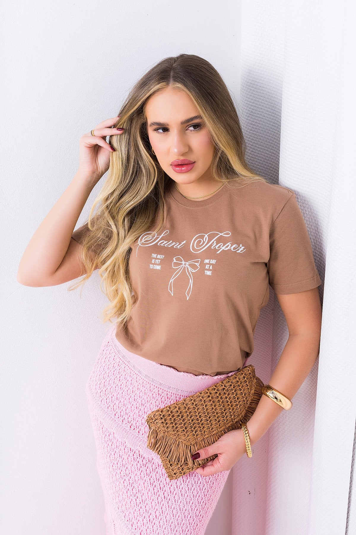T-shirt Feminina Marrom Claro Laço Saint Tropez