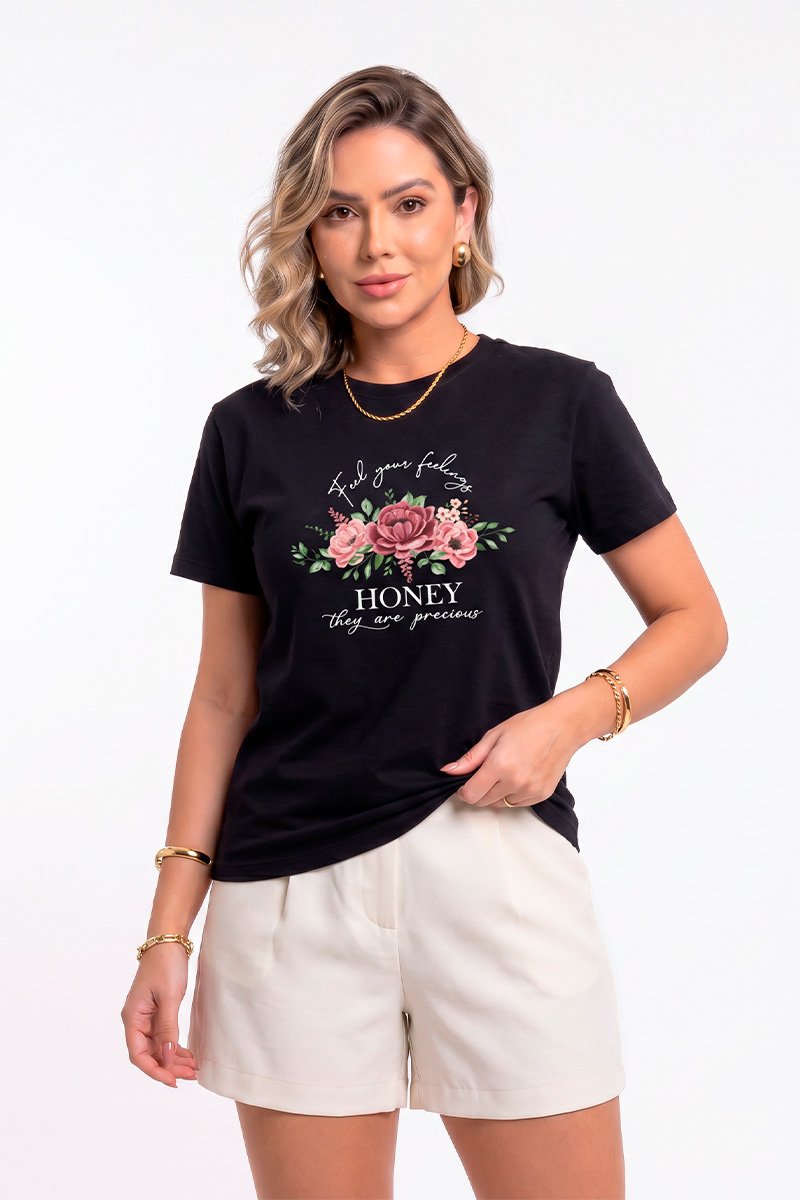 T-shirt Feminina Preta Honey