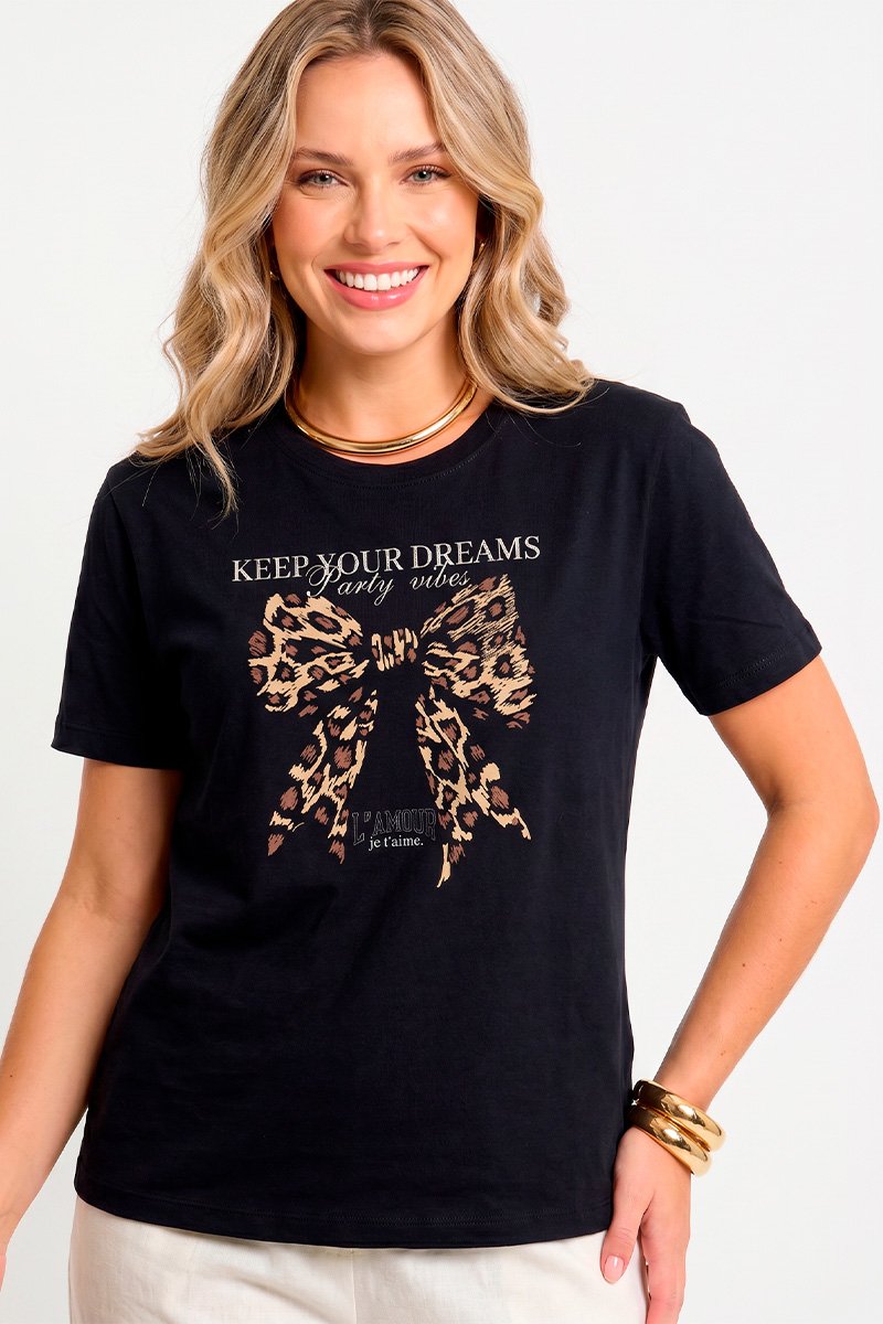 T-shirt Feminina Preta Laço Dreams