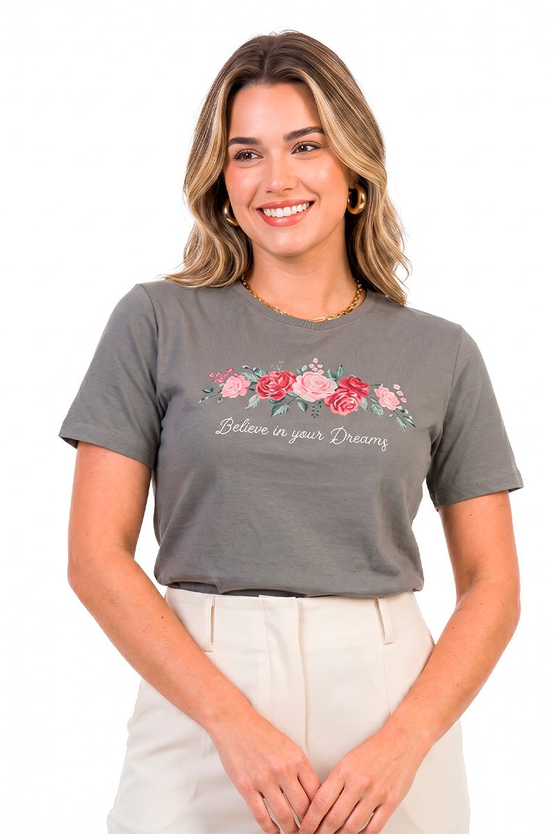 T-shirt Feminina Chumbo Flores Believe