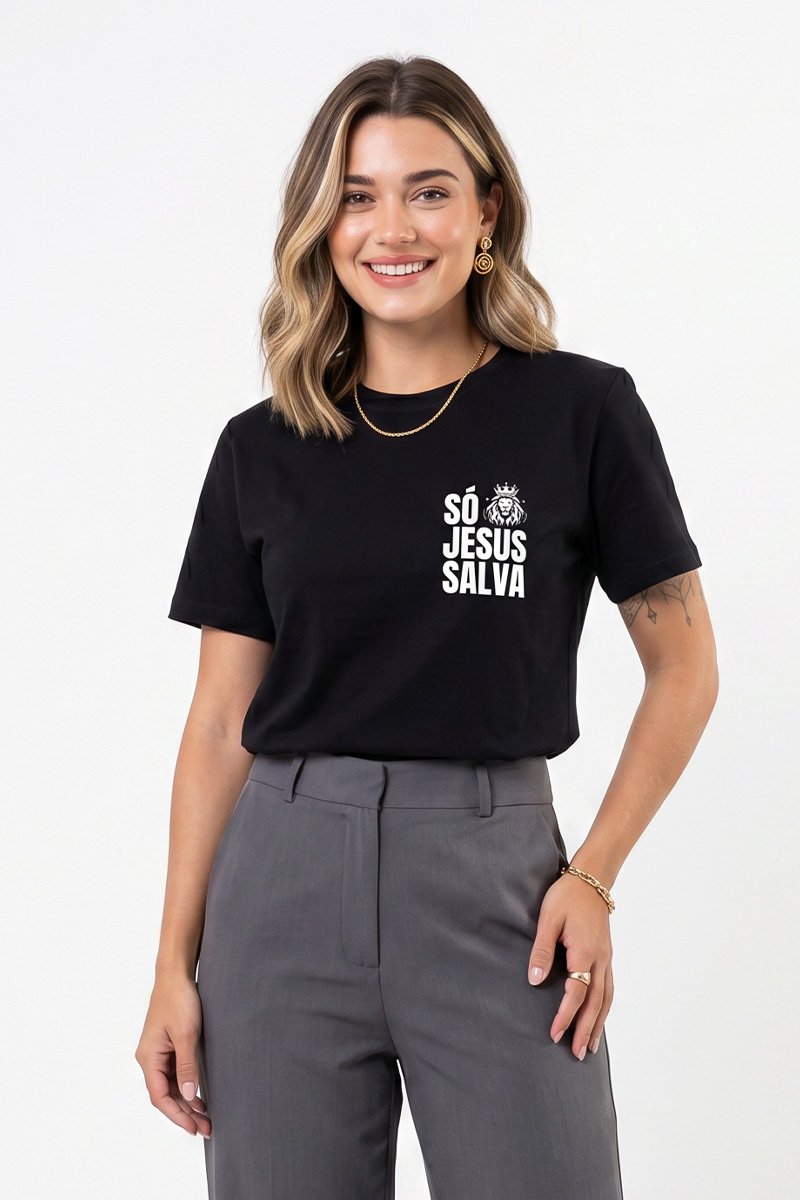 T-shirt Feminina Preta Só Jesus Salva