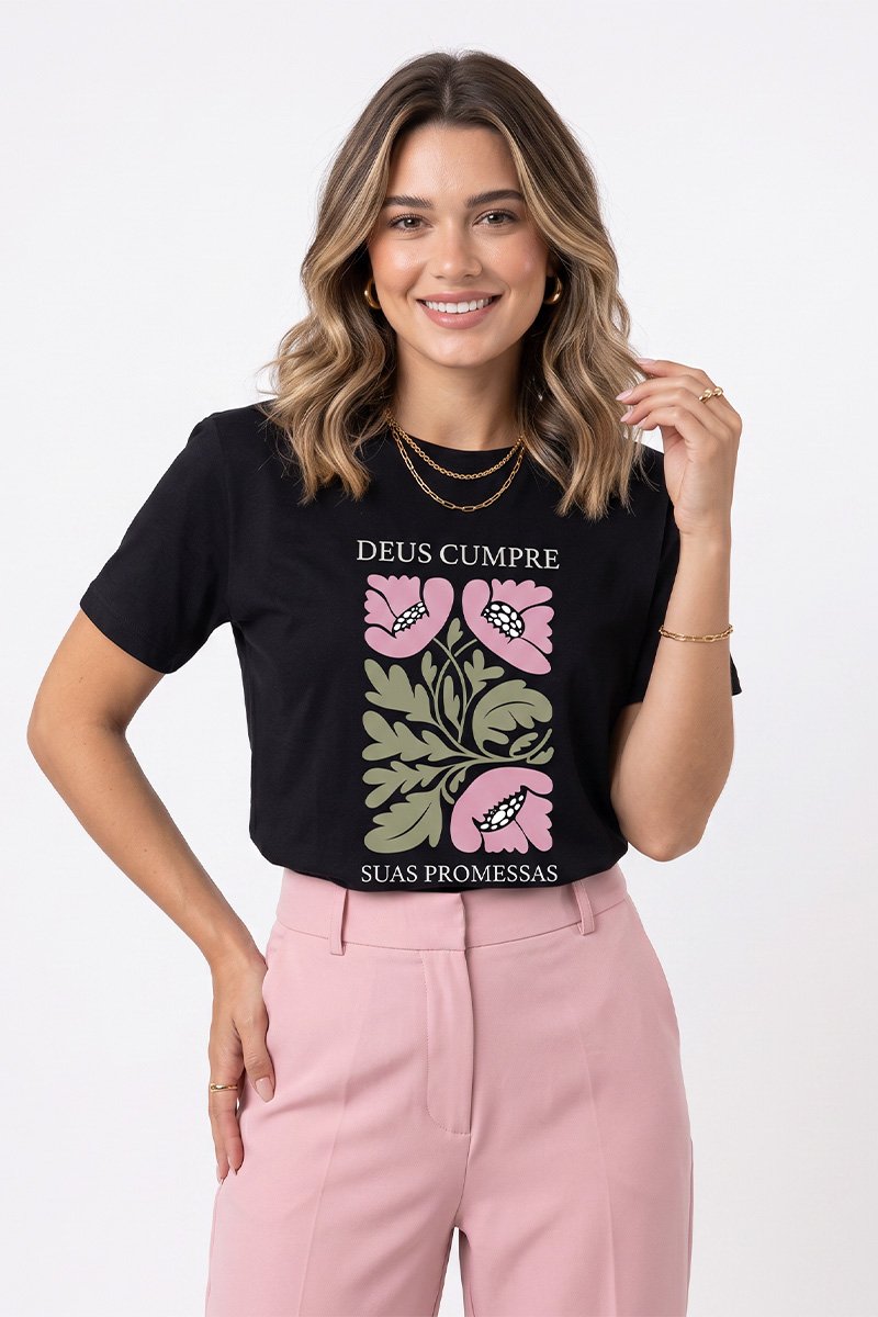 T-shirt Feminina Preta Deus Cumpre Suas Promessas