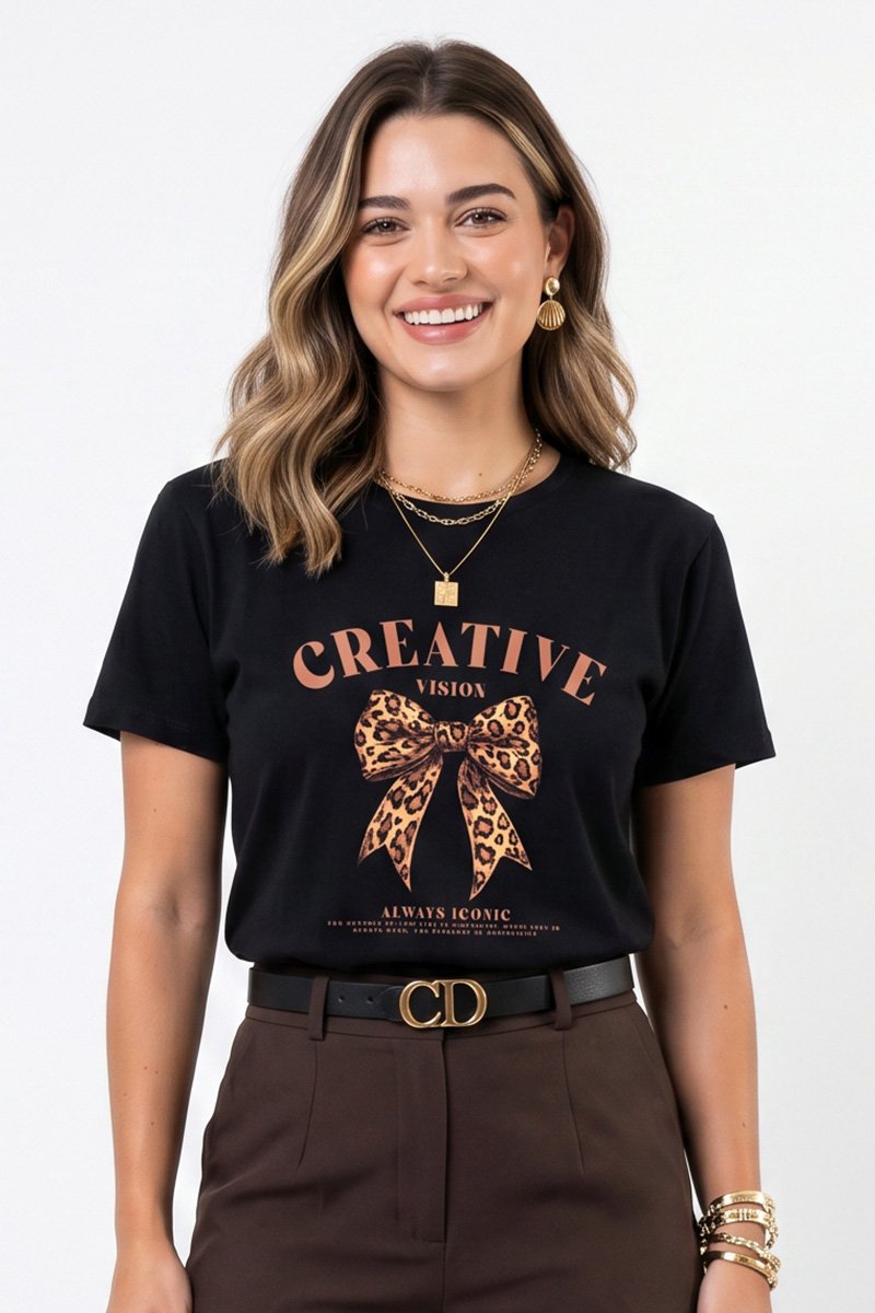 T-shirt Feminina Preta Laço Animal Print