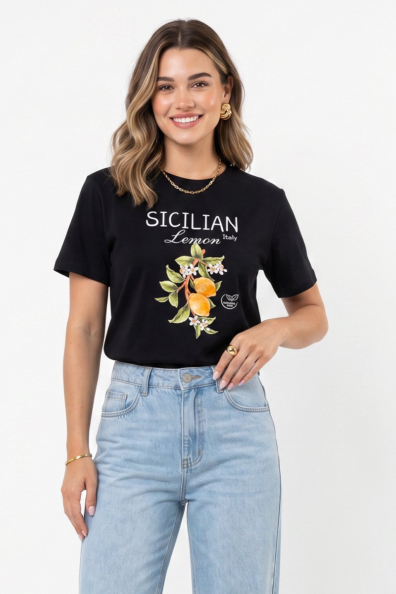 T-shirt Feminina Preta Sicilian Lemon