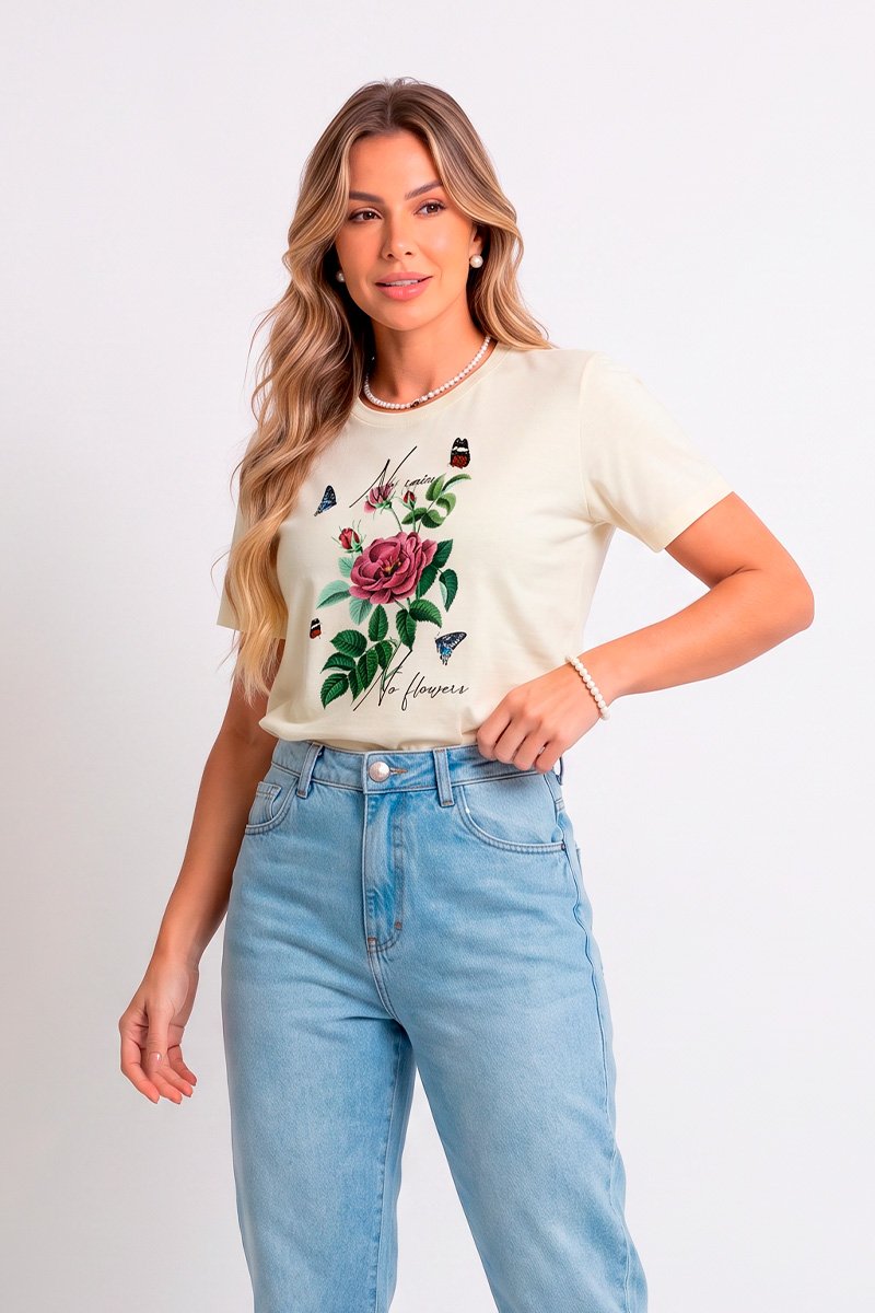 T-shirt Feminina Amarela Rosa No Rain No Flowers