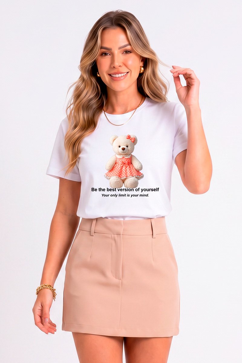 T-shirt Feminina Branca Ursa Vestido Coral