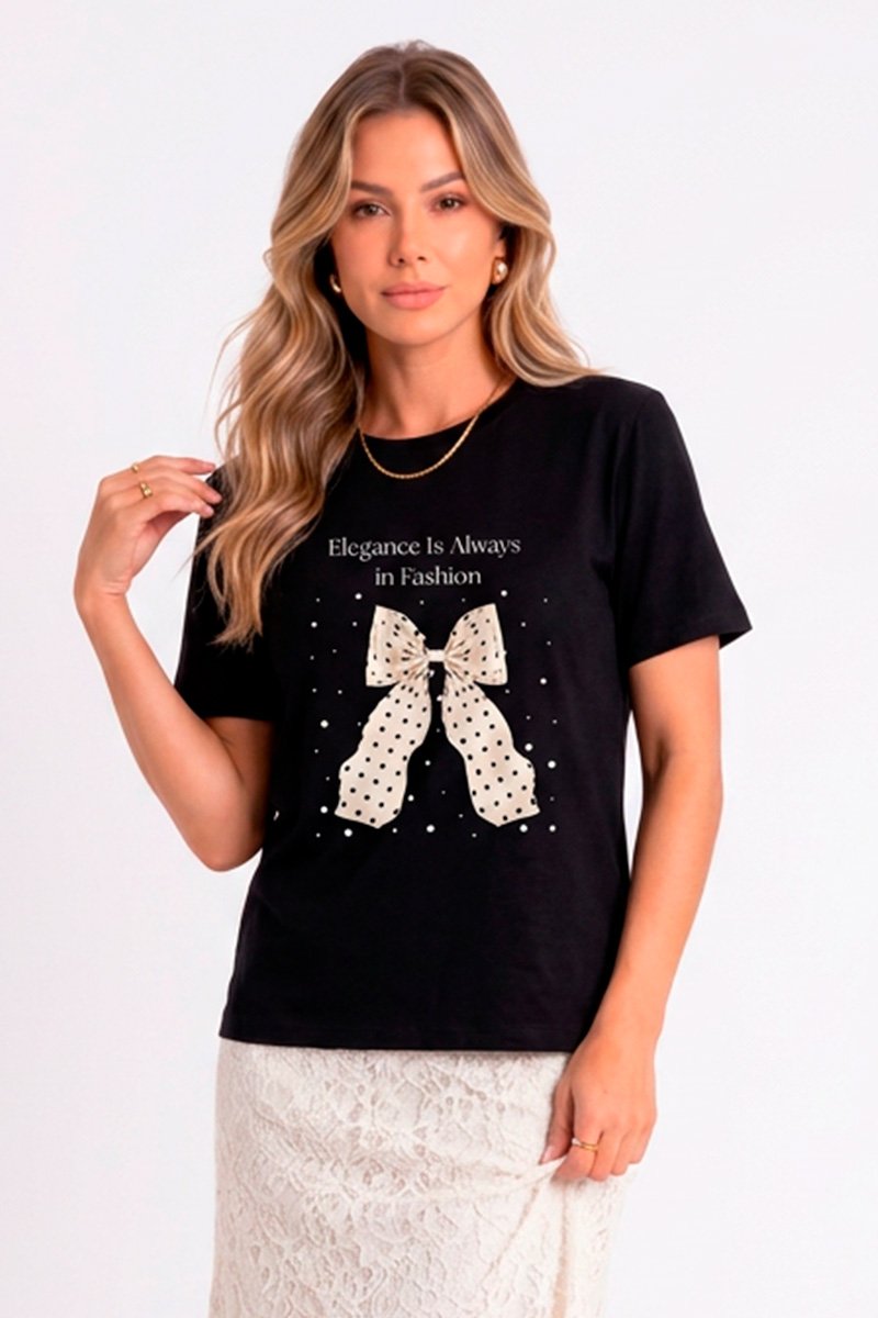 T-shirt Feminina Preta Laço Elegante