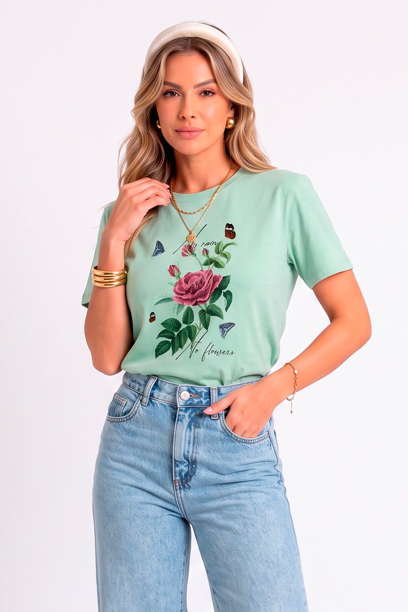 T-shirt Feminina Verde Claro Rosa No Rain No Flowers